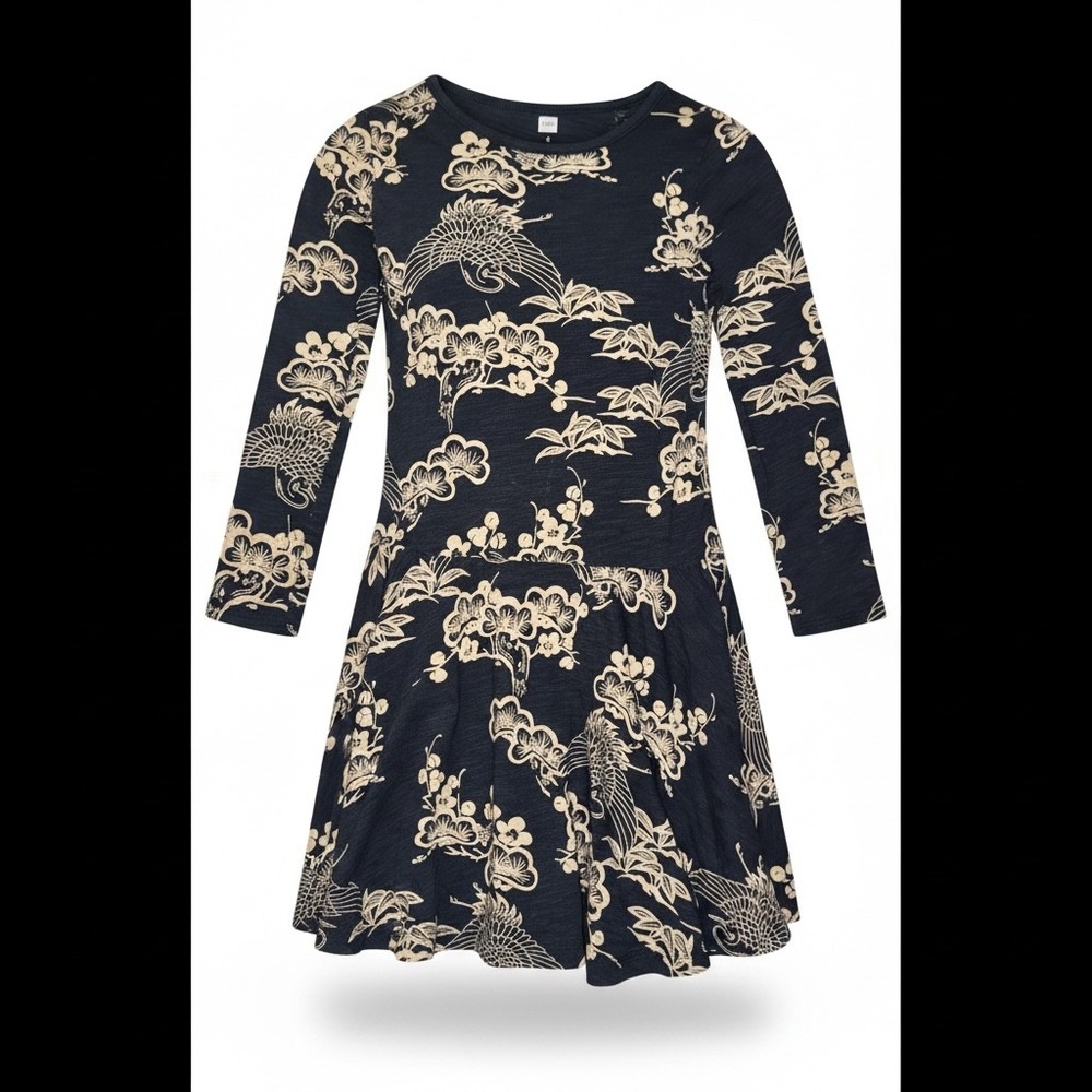 Tea Collection Crane Floral Drop Waist Dress Navy Blue Size 6 Long Sleeve Slub